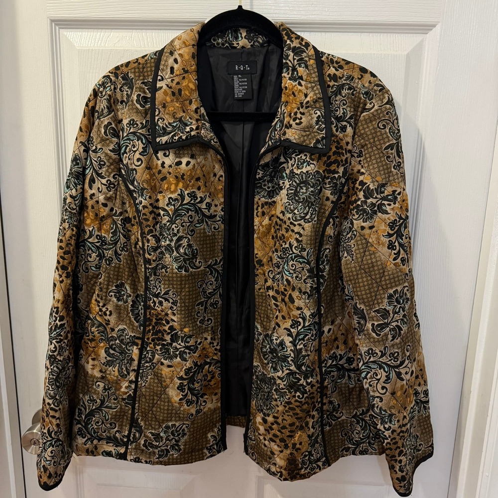 RQT Women XL Quilted Zip Jacket Brown Paisley Animal Print Baroque Ornate Fall
